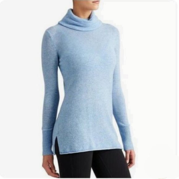 Athleta 100% Cashmere Turtleneck Sweater Heather Blue Minimalist Quiet Luxury-XS - Picture 1 of 13